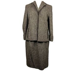 Akris Skirt Suit 12 Womens Brown Wool Blend Hook Front Elastic Waist Career